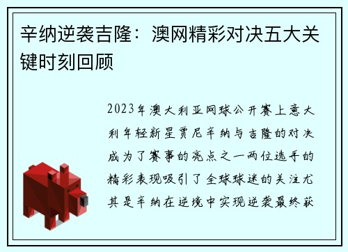 辛纳逆袭吉隆：澳网精彩对决五大关键时刻回顾
